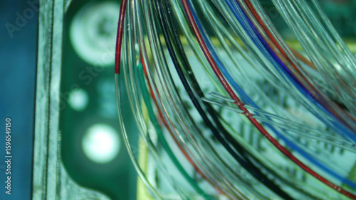 Futuristic abstract background of glowing complex fiber optic cable network. close up on colorful wire represents modern communication technology and high speed data transfer
