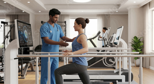 A physical therapist guides a patient through an exercise session in a modern rehabilitation facility.