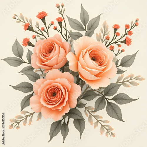  Vintage Peach Roses Floral Bouquet