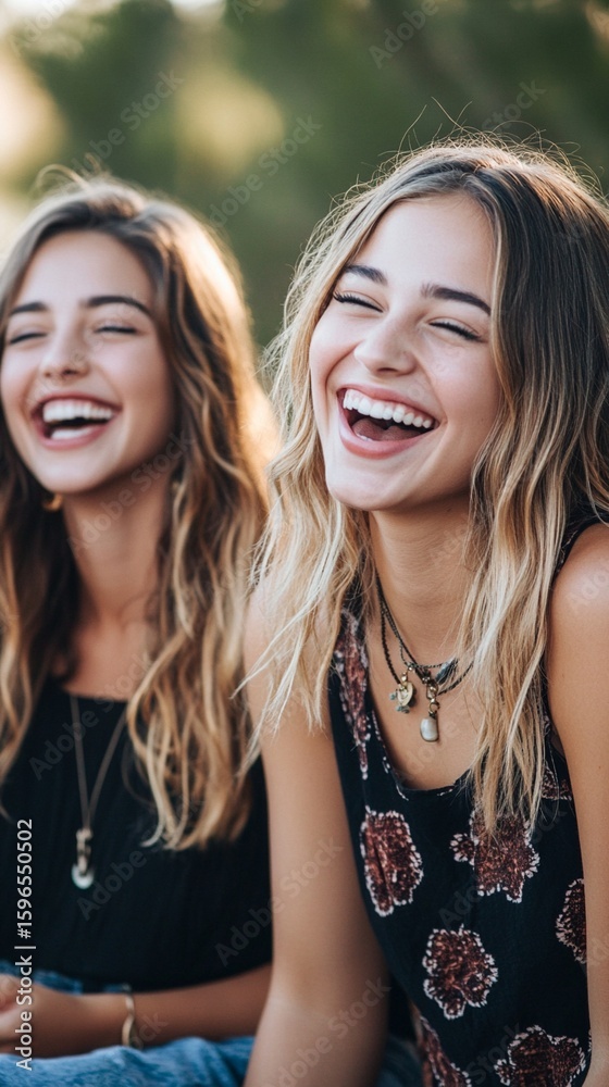 Two young women sharing a moment of pure joy, laughing together with infectious happiness in a warm, sunlit outdoor setting with soft bokeh background Two young women sharing a moment of pure joy, laughing together with infectious happiness in a warm, sunlit outdoor setting with soft bokeh background