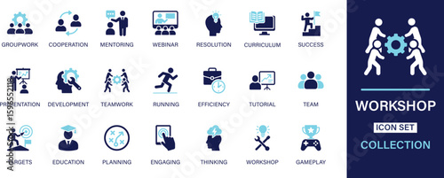 Workshop icon set collection. Groupwork, cooperation, mentoring, webinar, resolution, curriculum, success, presentation, development, teamwork, efficiency. And solid icon set.