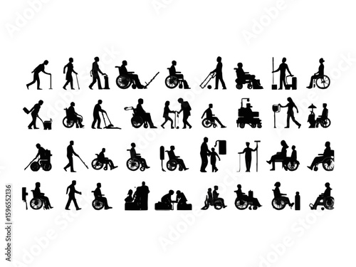 Disability-related silhouette icon set. Includes pictograms of physical disability, visual impairment, hearing impairment, wheelchair users
