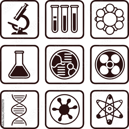 Science icons microscope test tubes flask dna atom molecule laboratory research