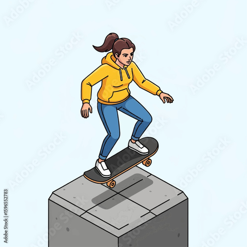 A young woman skateboarding in a dynamic isometric style, poised mid-air over a concrete block.