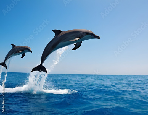 A group of dolphins is splashing and playing in the waves of water in the sea. dolphin jumping out of water.