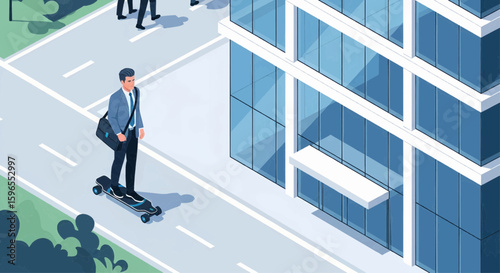 A businessman rides an electric skateboard on a city street, near a modern office building.