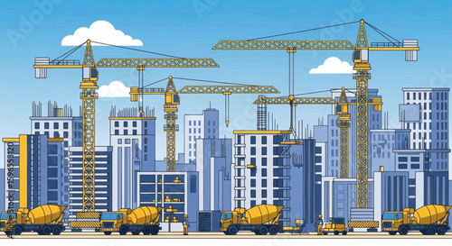 Cityscape under construction, with cranes and concrete mixers, a vivid illustration of urban development.