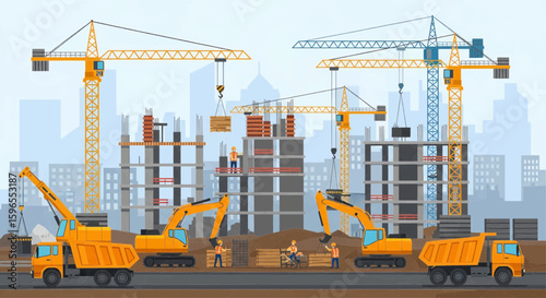 Busy urban construction site with multiple cranes, excavators, and trucks actively building high-rise structures.