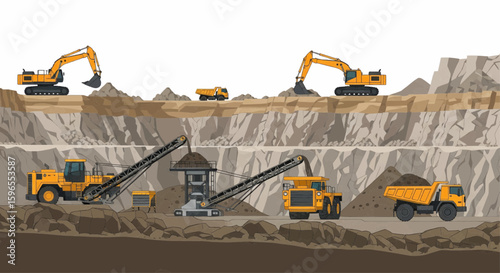 Mining operation with heavy machinery extracting resources from a quarry.