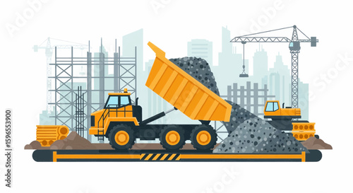 Construction site with heavy machinery, including a dump truck, crane, and scaffolding, in a city setting.