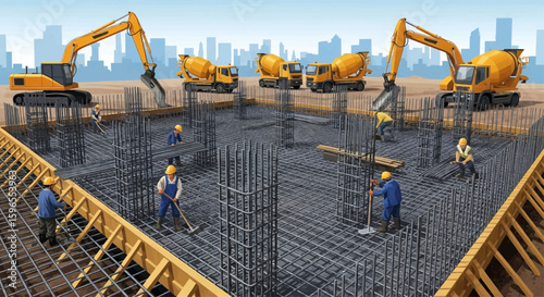 Construction site illustration with workers, excavators, and cement trucks, showing foundation work against a city skyline.