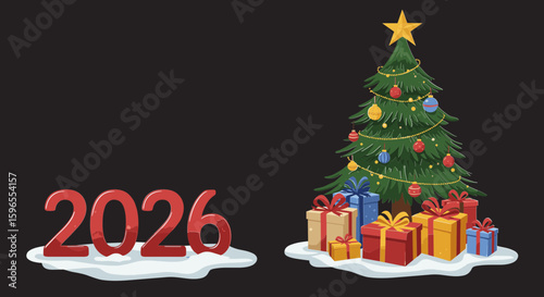 Christmas tree with gifts and 2026 sign on snowy background  