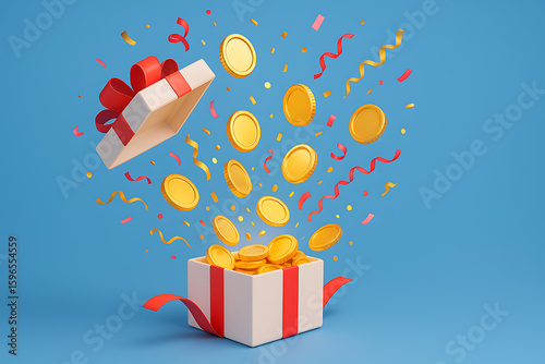 Open White Gift Box with Red Ribbon and Golden Coins Exploding with Colorful Confetti on Blue Background, 3D Surprise Prize Concept, Cashback Bonus Rewards Celebration, Festive Giveaway Design Templat