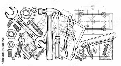Hand-drawn blueprint with assorted tools and fasteners, illustrating construction or engineering concepts.
