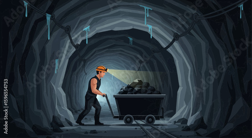 Cartoon miner pushing a cart full of coal in a dark mine shaft, lit by his helmet lamp.