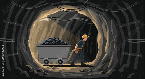 A miner pushes a coal cart through a dark, rocky mine tunnel.