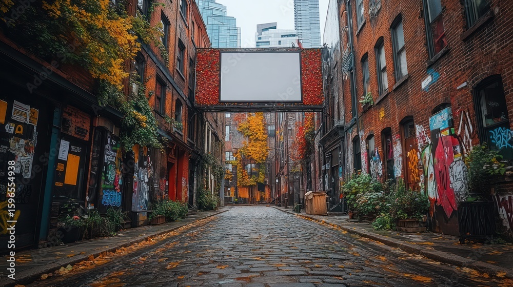 Fototapeta premium Urban alleyway with autumnal colors and blank billboard