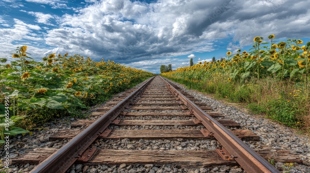 Fototapeta premium Railroad Tracks Through a Sunflower Field Under a Cloudy Sky
