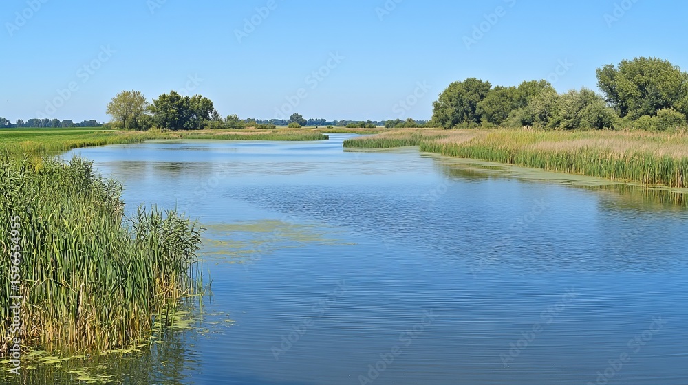 Fototapeta premium Serene river scene with lush vegetation and clear blue water under a bright sky. A tranquil landscape perfect for relaxation