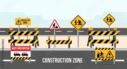 Road construction zone illustrated with warning signs, barriers, and worker symbols.