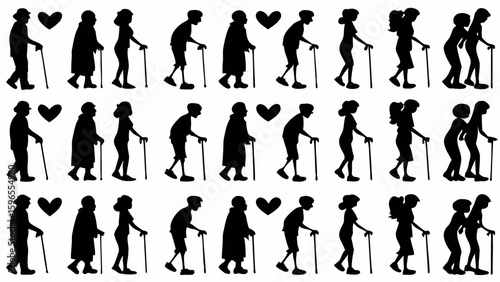 Silhouette pattern of elderly people walking with canes accompanied by hearts in a repeating design style