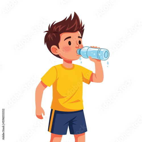 A young boy in a yellow shirt drinking water from a clear plastic bottle.