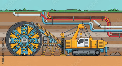 Illustration of a tunnel boring machine digging underground, showing pipes and layers of soil.