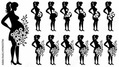 Silhouettes of pregnant women adorned with flowers in various poses and hairstyles on a white background