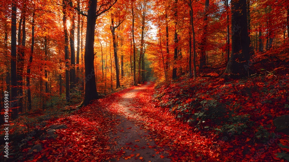 Naklejka premium Serene path through a vibrant red autumn forest with sunlight filtering through the trees