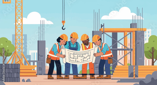Construction team reviewing blueprints at a bustling building site.