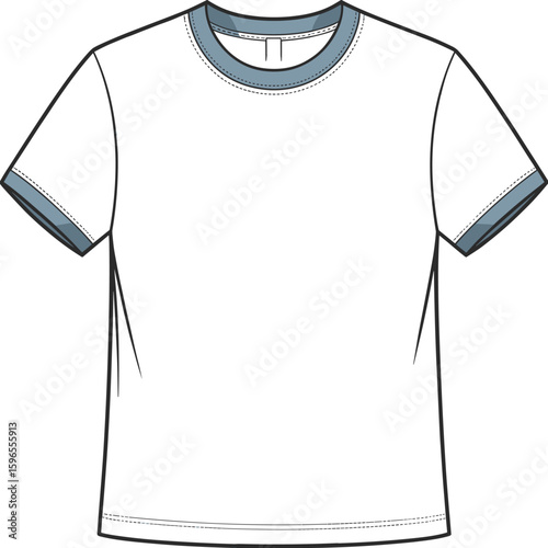 Classic Ringer T-Shirt Outline, Short Sleeve Crew Neck Design, Customizable Casual Apparel Mockup, Everyday Fashion Vector Template for Brand Merchandising and Basics.