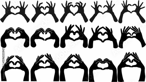 Silhouette illustration of multiple hands forming heart shapes in a grid pattern on a white background