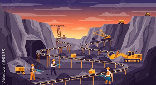 Coal mining operation in a mountainous valley at sunset, with workers and heavy machinery.