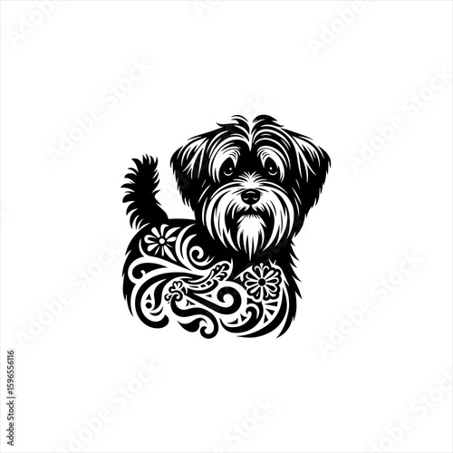 Adorable Black and White Dog with Floral Tattoo Design.