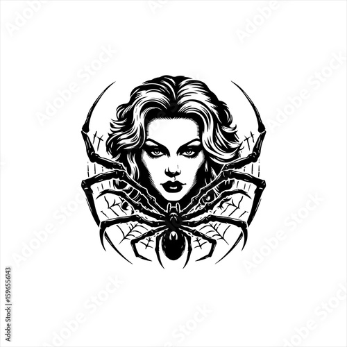 Womans Face with Spider and Web Design.