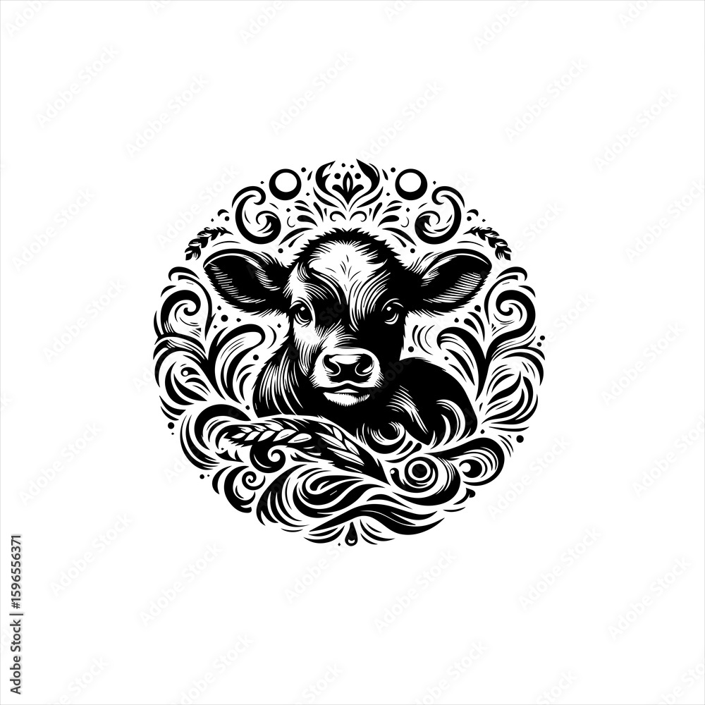 Obraz premium Black and White Calf Emblem with Floral Swirls.