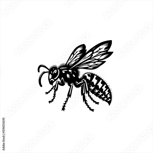 Black and White Wasp Insect Illustration.