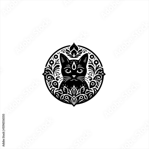 Black Cat Mandala Emblem Design.