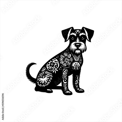 Black Schnauzer Dog with Intricate Floral Patterns.