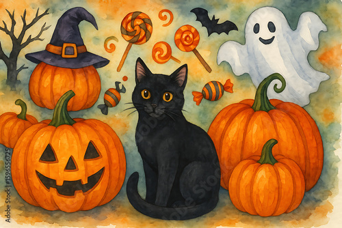 Black cat sitting with glowing eyes among carved pumpkins, Halloween candies, flying ghost, lollipops, spooky bat, witch hat, haunted atmosphere illustration, fall celebration, watercolor style art

