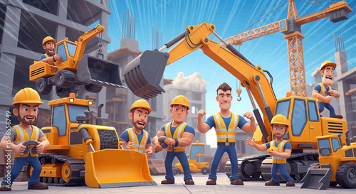 Cartoon construction workers pose with heavy machinery like excavators and bulldozers at a construction site.
