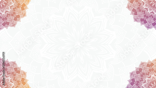 Round mandala on colorfull gradient background. Translucent mesh pattern in the form of a mandala. Mandala with floral patterns. Pastel Yoga template. Gradient background with round mandala.Vishal