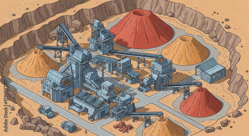 Isometric illustration of an industrial complex for mineral resource extraction inside an open-pit quarry with processing machinery.