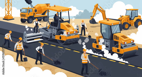 Construction workers operating heavy machinery, paving a new road surface with asphalt.