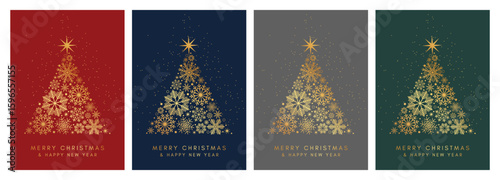 Merry Christmas and Happy New Year greeting card, cover design. Golden Christmas trees made of snowflakes on red blue, green and gray background.