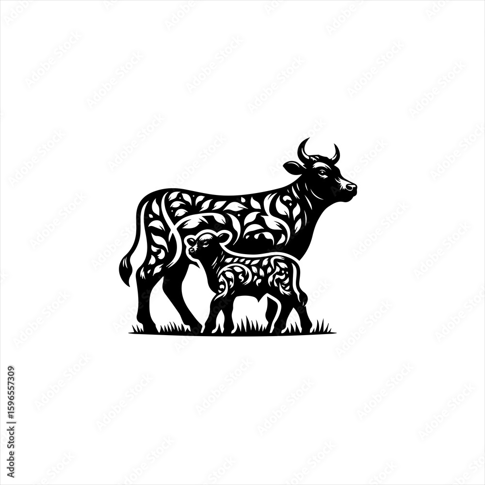 Fototapeta premium Elegant Black Silhouette of Cow and Calf with Floral Patterns.