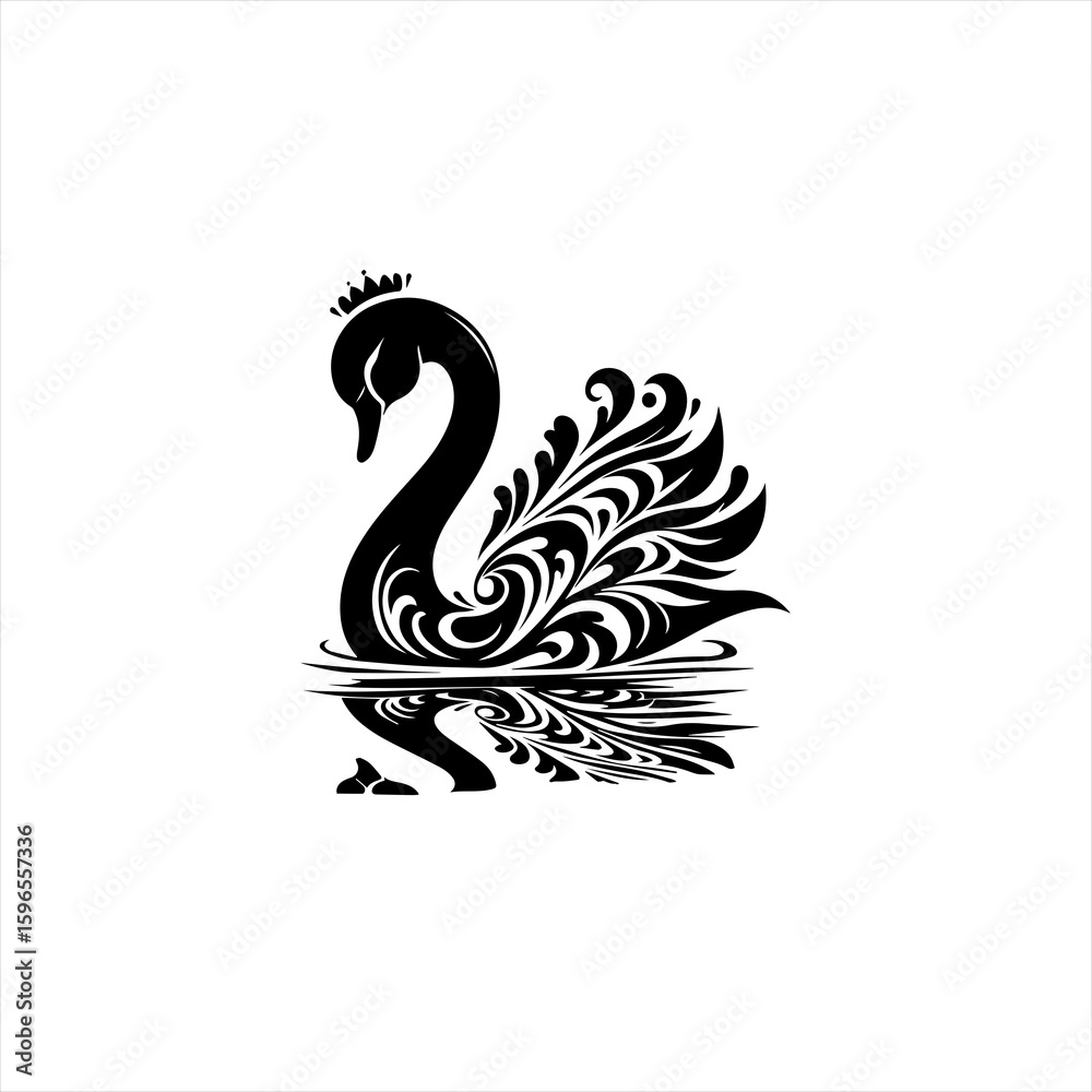 Fototapeta premium Elegant Black Swan with Ornate Tail Feathers and Crown.