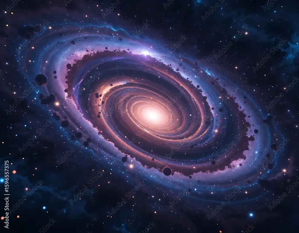 Obraz premium A stunning digital painting of a spiral galaxy with bright stars and nebula in the deep space, showcasing cosmic beauty and vastness.