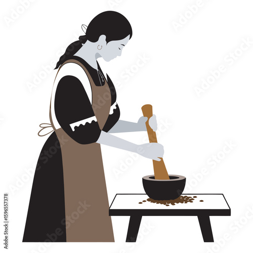 Traditional Woman Grinding Spices Silhouette in Village Setting  
