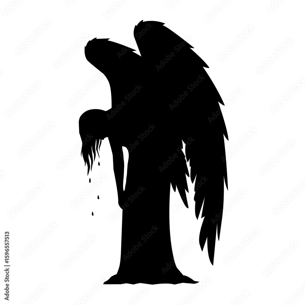 Fototapeta premium Dark silhouette of a crying angel with wings drooped down. A powerful emotional image symbolizing sorrow, grief, loss, or spiritual sadness in vector form